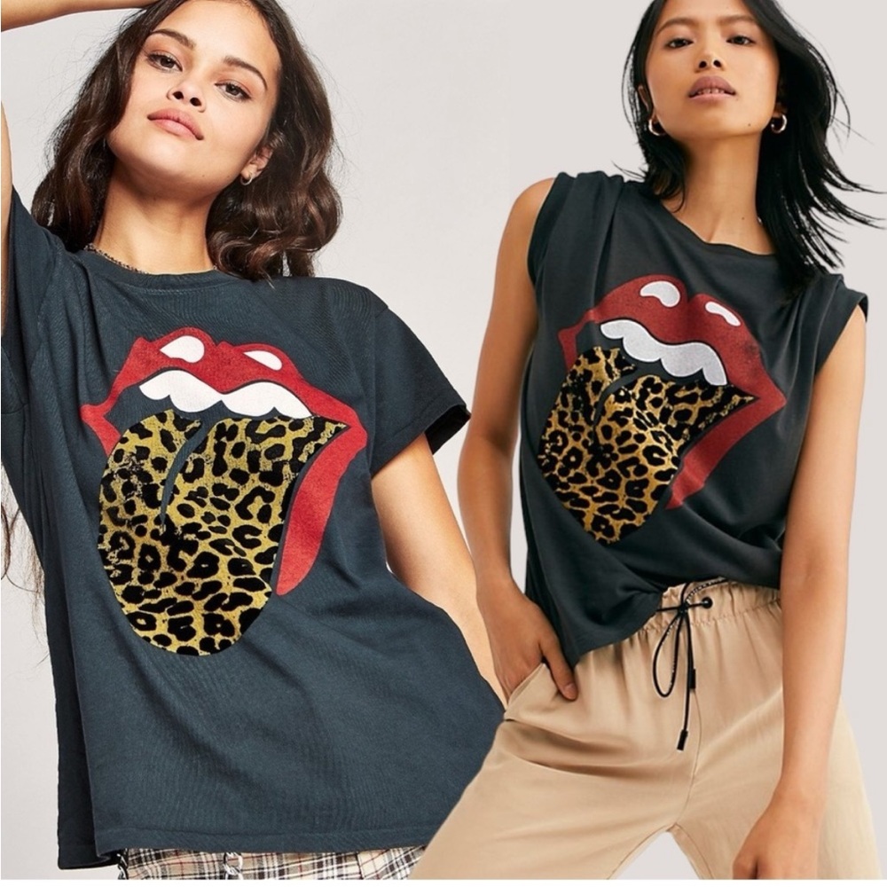 DaydreamerXFree People Rolling Stones Flocked Leopard Tongue Oversized Tee Sz XS